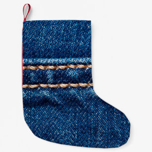 Blue denim texture with stitch line closeup, Jeans Small Christmas Stocking