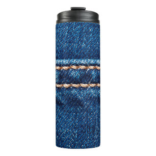 Blue denim texture with stitch line closeup, Jeans Thermal Tumbler