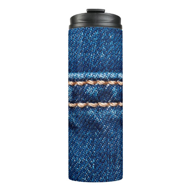 Blue denim texture with stitch line closeup, Jeans Thermal Tumbler (Front)