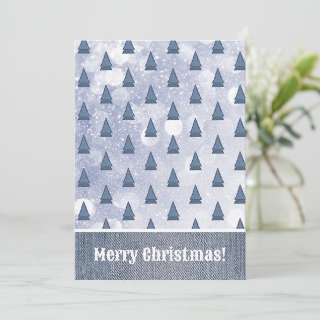 Blue Denim Tree Winter Scene Patchwork Holiday Card (Standing Front)