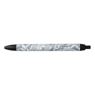 Blue Denim White Floral Lace Image Black Ink Pen