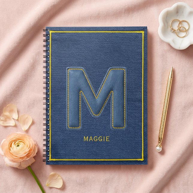 Blue Denim Y2K Yellow Stitch Monogram Letter M Notebook (Creator Uploaded)