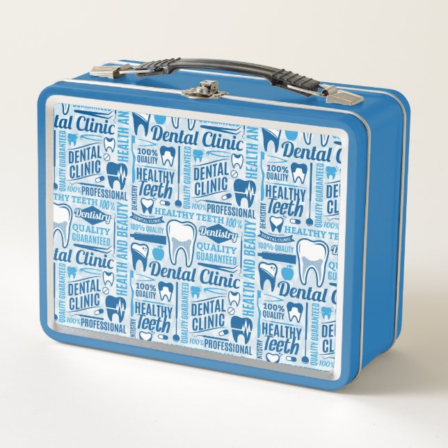 Blue Dental Clinic Pattern Metal Lunch Box (Front)