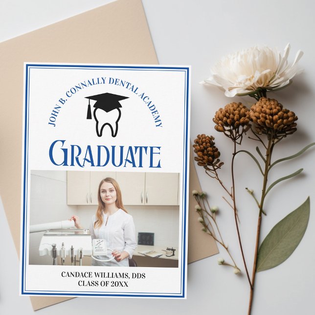 Blue Dental School Photo Custom Graduation Announcement (Creator Uploaded)