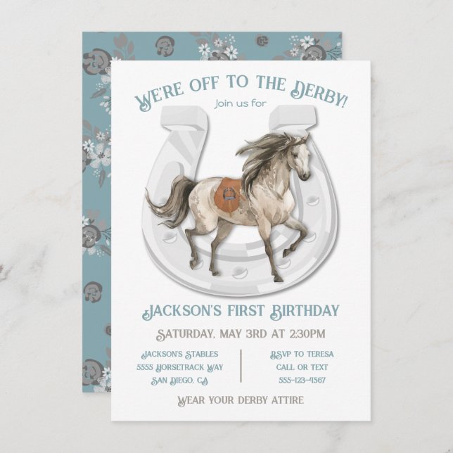 Blue Derby Horse Racing Birthday Party Invitation (Front/Back)
