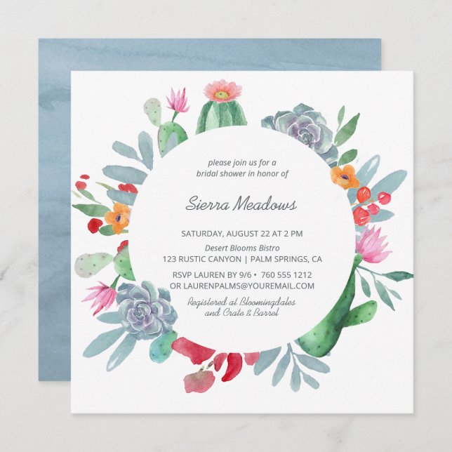Blue Desert Cactus Flower Wreath Bridal Shower Invitation (Front/Back)