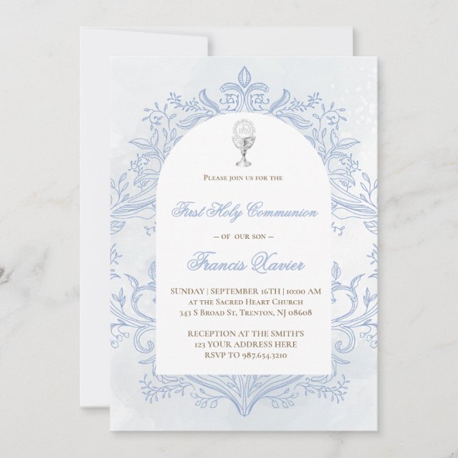  blue design First Holy Communion Invitation (Front)