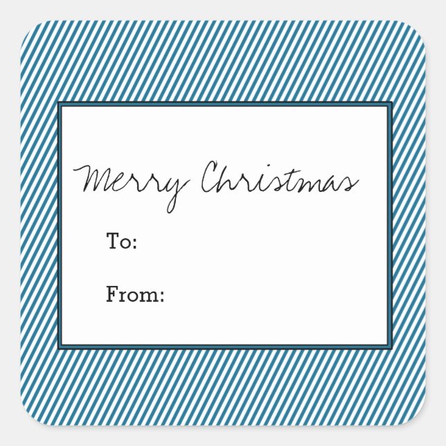Blue Diagonal Festive Stripes Holiday Square Sticker (Front)