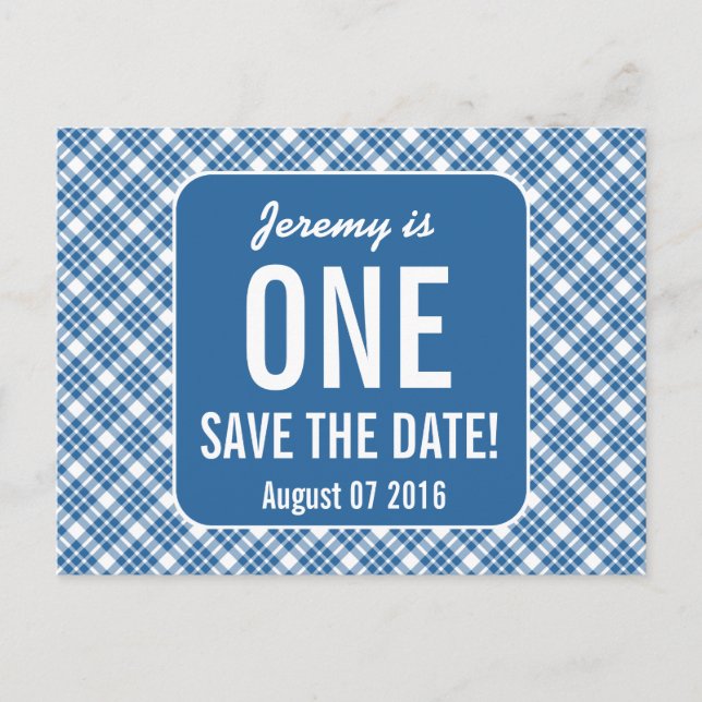 BLUE DIAGONAL PLAID 1st BABY KIDS Birthday P40F Announcement Postcard (Front)