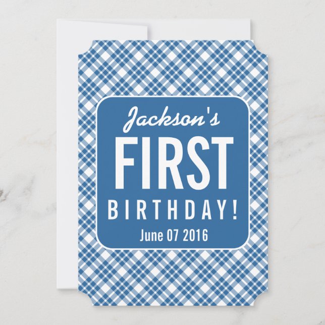 BLUE DIAGONAL PLAID 1st Birthday One Year Old B07N Invitation (Front)