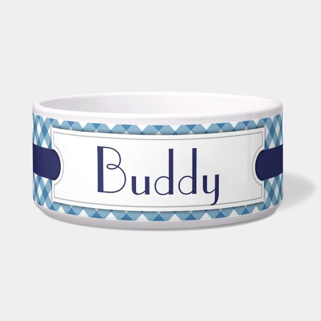 Blue Diagonal Plaid Personalised Pet Bowl (Front)