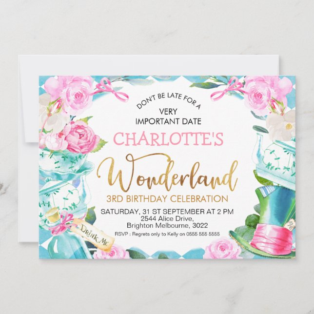 Blue Diamond Alice In Wonderland Birthday Invitation (Front)