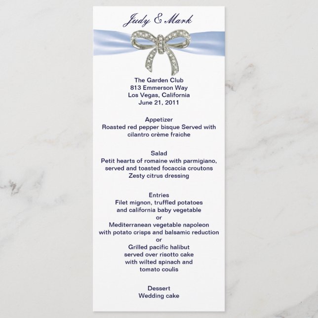 Blue Diamond Bow Wedding Menu Card (Front)