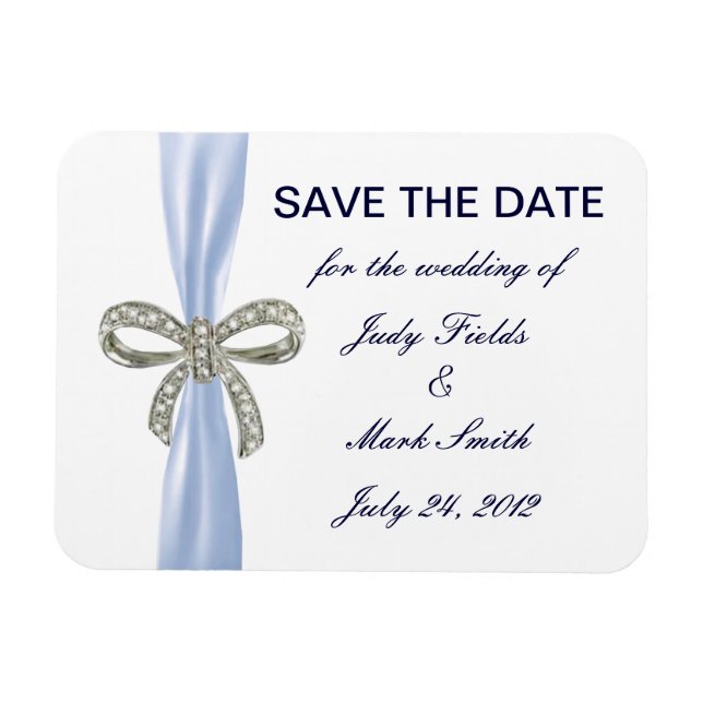 Blue Diamond Bow Wedding Save The Date Magnet (Horizontal)
