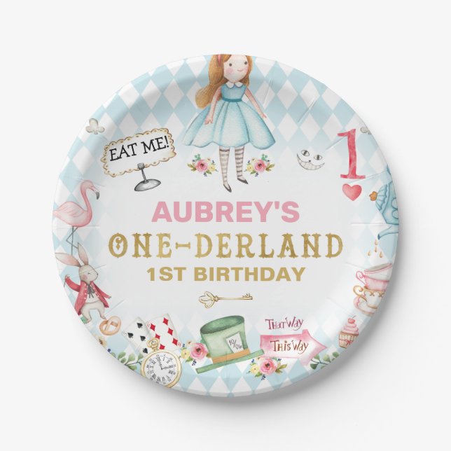 Blue Diamond Gold Alice One-derland 1st Birthday Paper Plate (Front)