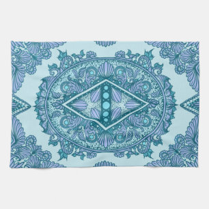 Blue Diamond Mandala Ornate Turquoise & Lavender Tea Towel