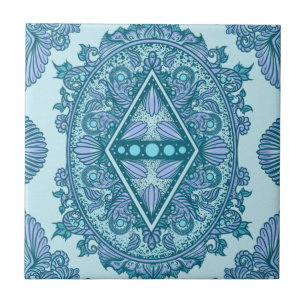 Blue Diamond Mandala Ornate Turquoise & Lavender Tile