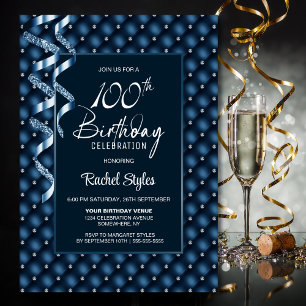 Blue Diamond Pattern 100th Birthday Party Invitation