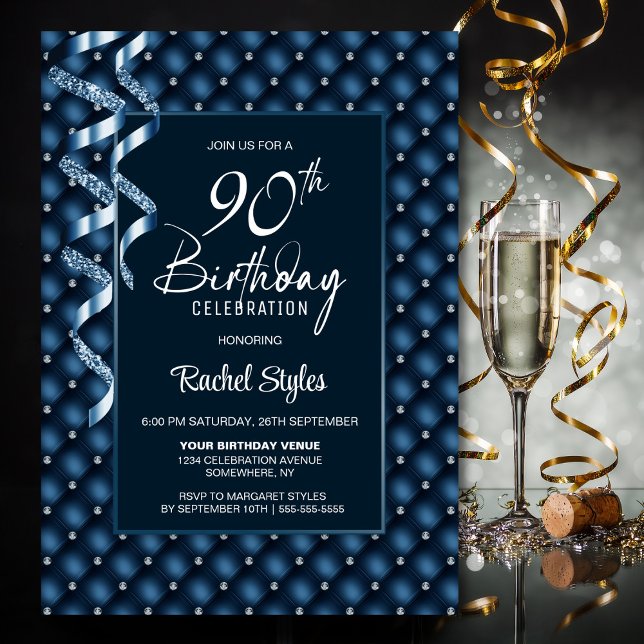 Blue Diamond Pattern 90th Birthday Party Invitation (Creator Uploaded)