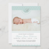 Blue Diamond Pattern Photo Birth Announcement