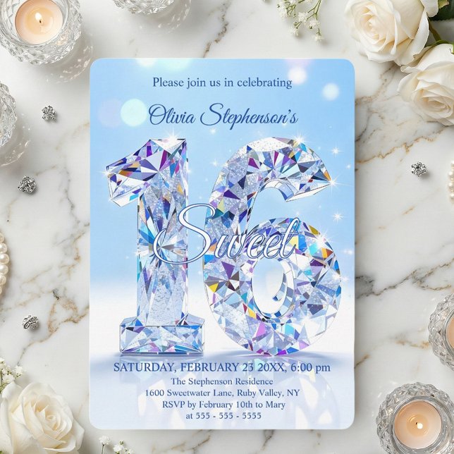 Blue Diamond Sparkle Glamorous Sweet 16 Birthday Invitation (Creator Uploaded)