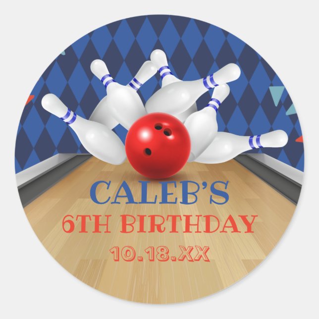 Blue Diamond Stripe Lets Strike Bowling Birthday Classic Round Sticker (Front)