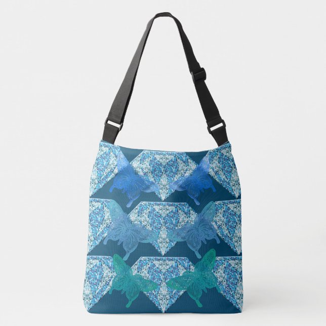 Blue Diamonds and Lace Butterflies Crossbody Bag (Front)