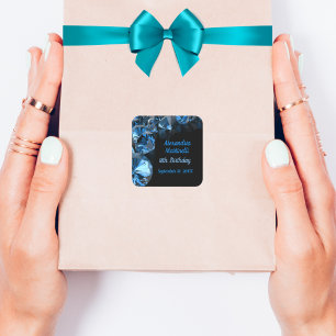 Blue Diamonds Black Party Favour Square Sticker