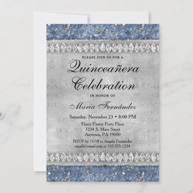 Blue Diamonds Quinceañera Invitation Silver Glam (Front)