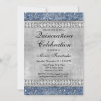 Blue Diamonds Quinceañera Invitation Silver Glam