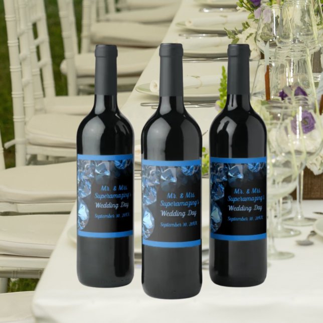Blue Diamonds Wedding Mr Mrs Black Wine Label (Creator Uploaded)
