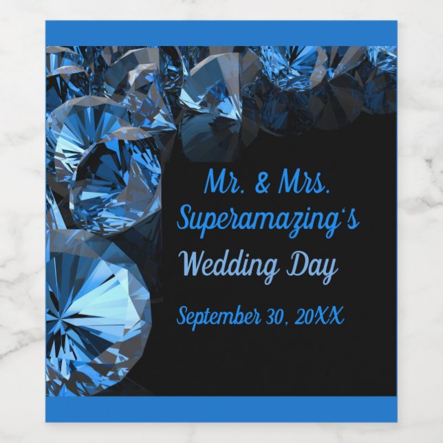 Blue Diamonds Wedding Mr Mrs Black Wine Label (Single Label)