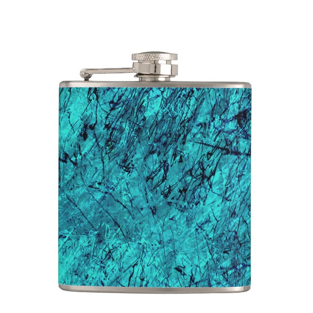 Blue digital art with many mixed/labyrinthic lines hip flask (Front)