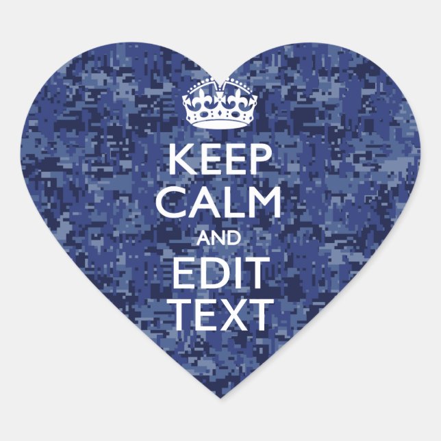 Blue Digital Camo KEEP CALM Your Text Heart Sticker (Front)