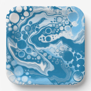 Blue Digital Fluid Art Marble Pour Painting Cells Paper Plate