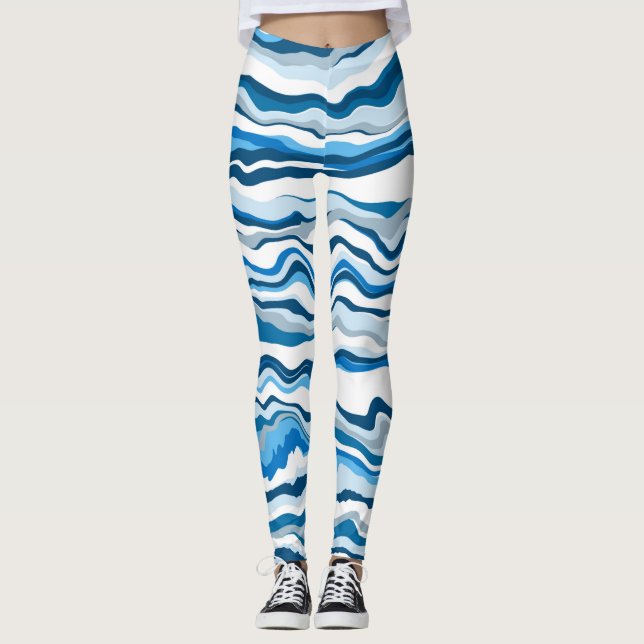  Blue Digital Fluid Art Marble Stripes  Leggings (Front)