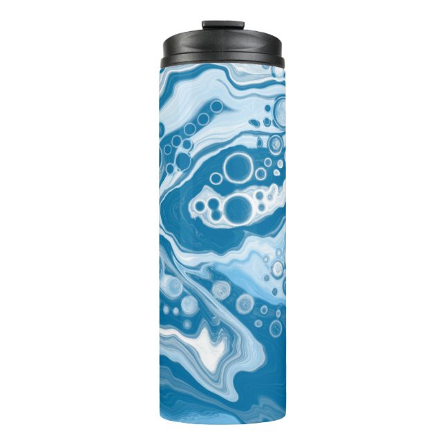 Blue Digital Pour Painting Fluid Art Marble  Thermal Tumbler (Front)