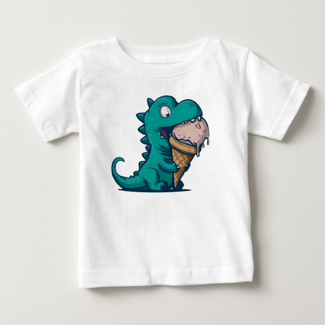 Blue Dino Loves Ice Cream - Funny Cartoon Art Baby T-Shirt (Front)