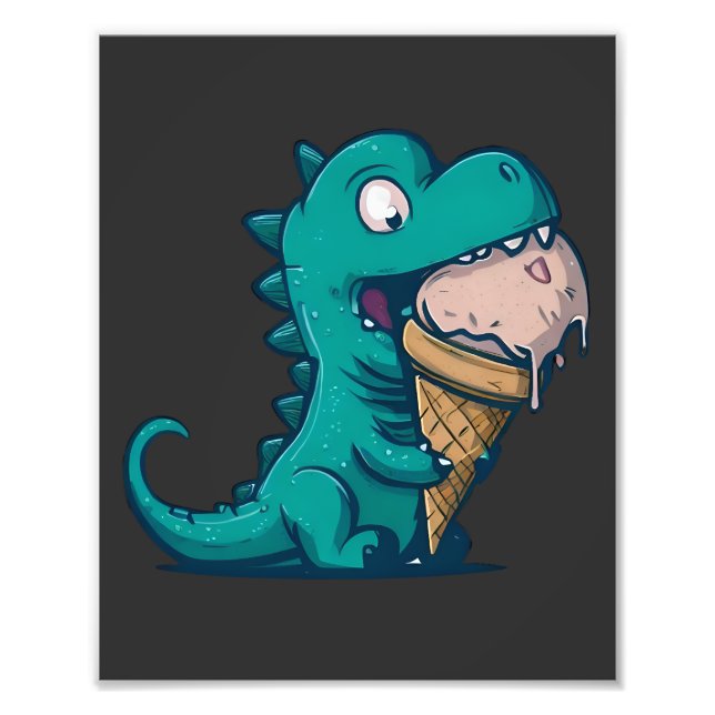 Blue Dino Loves Ice Cream - Funny Cartoon Art Photo Print (Front)