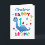 Blue Dinosaur 1st Birthday Card<br><div class="desc">A special 1st birthday card! This bright fun first birthday card features a blue dinosaur, some pretty stars and colourful text. A cute design for someone who will be one year old. Add the 1st birthday child's name to the front of the card to customise it for the special boy...</div>
