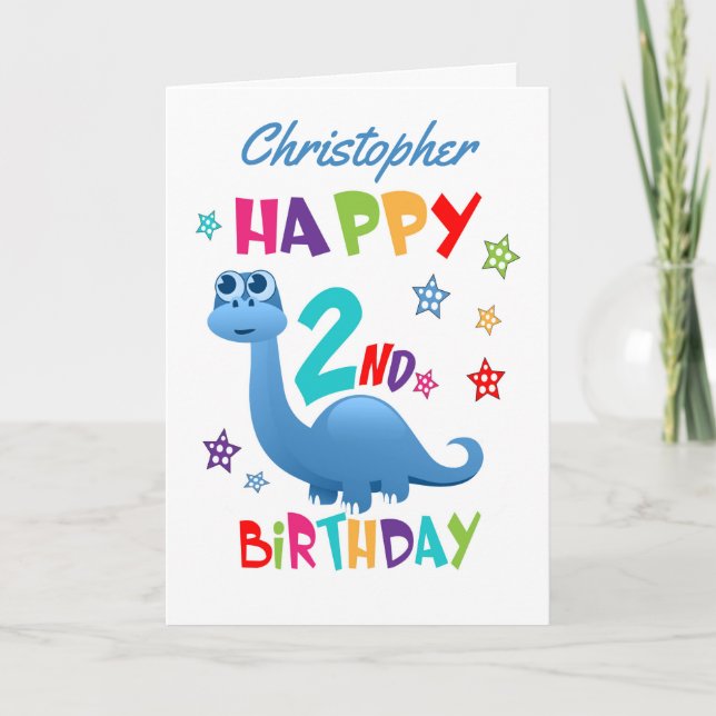 Blue Dinosaur 2nd Birthday Card (Front)