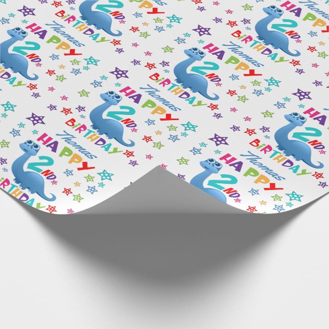 Blue Dinosaur 2nd Birthday Wrapping Paper (Corner)