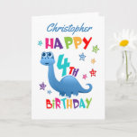Blue Dinosaur 4th Birthday Card<br><div class="desc">A special 4th birthday card! This bright fun fourth birthday card features a blue dinosaur, some pretty stars and colourful text. A cute design for someone who will be four years old. Add the 4th birthday child's name to the front of the card to customise it for the special boy...</div>