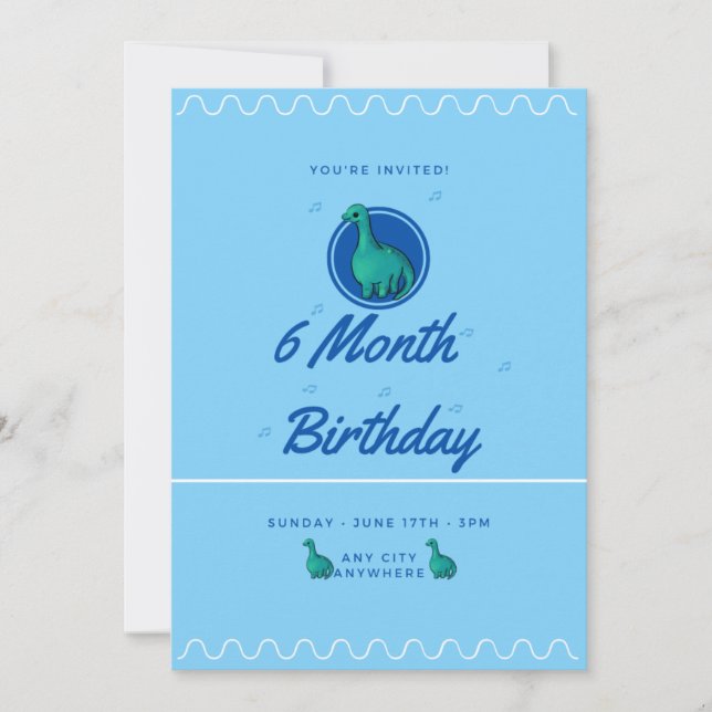 Blue Dinosaur 6 Month Birthday Invitation (Front)
