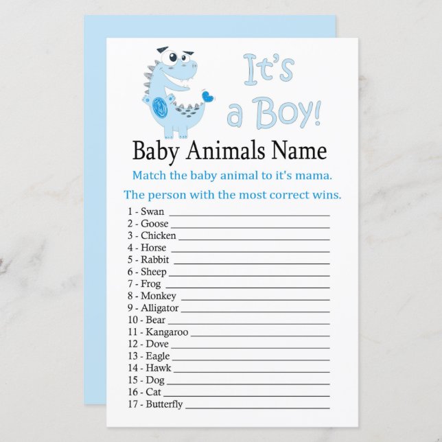 Blue Dinosaur Baby Animals Name Game (Front/Back)