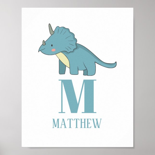 Blue dinosaur. Baby boy. Animal monogram. Nursery Poster (Front)