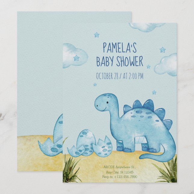 Blue Dinosaur baby shower Invitation (Front/Back)