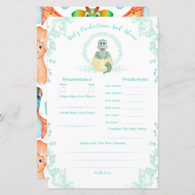 Blue Dinosaur Baby Shower Predictions And Advice (Front/Back)