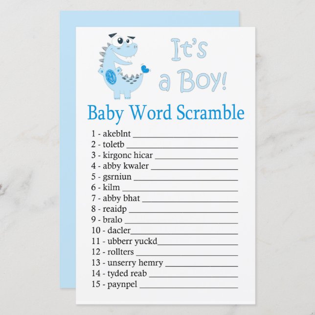 Blue Dinosaur Baby word scramble game (Front/Back)