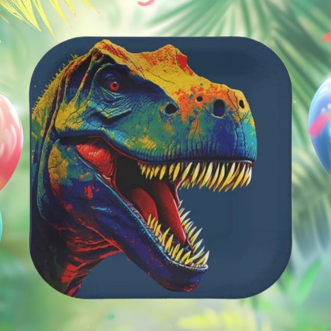  Blue Dinosaur Birthday Paper Plate (This Pop Art Blue Dinosaur  sets a fun, vibrant tone for a memorable celebration. )
